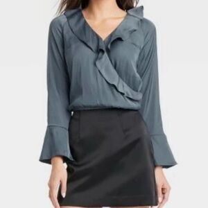 A New Day Satin Ruffle Wrap Blouse — Teal Blue — Size Small